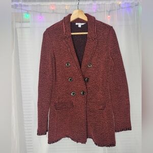 Chico's Soft Knit Tweed Blazer Womens Small Maroon Black Cotton Blend Pockets